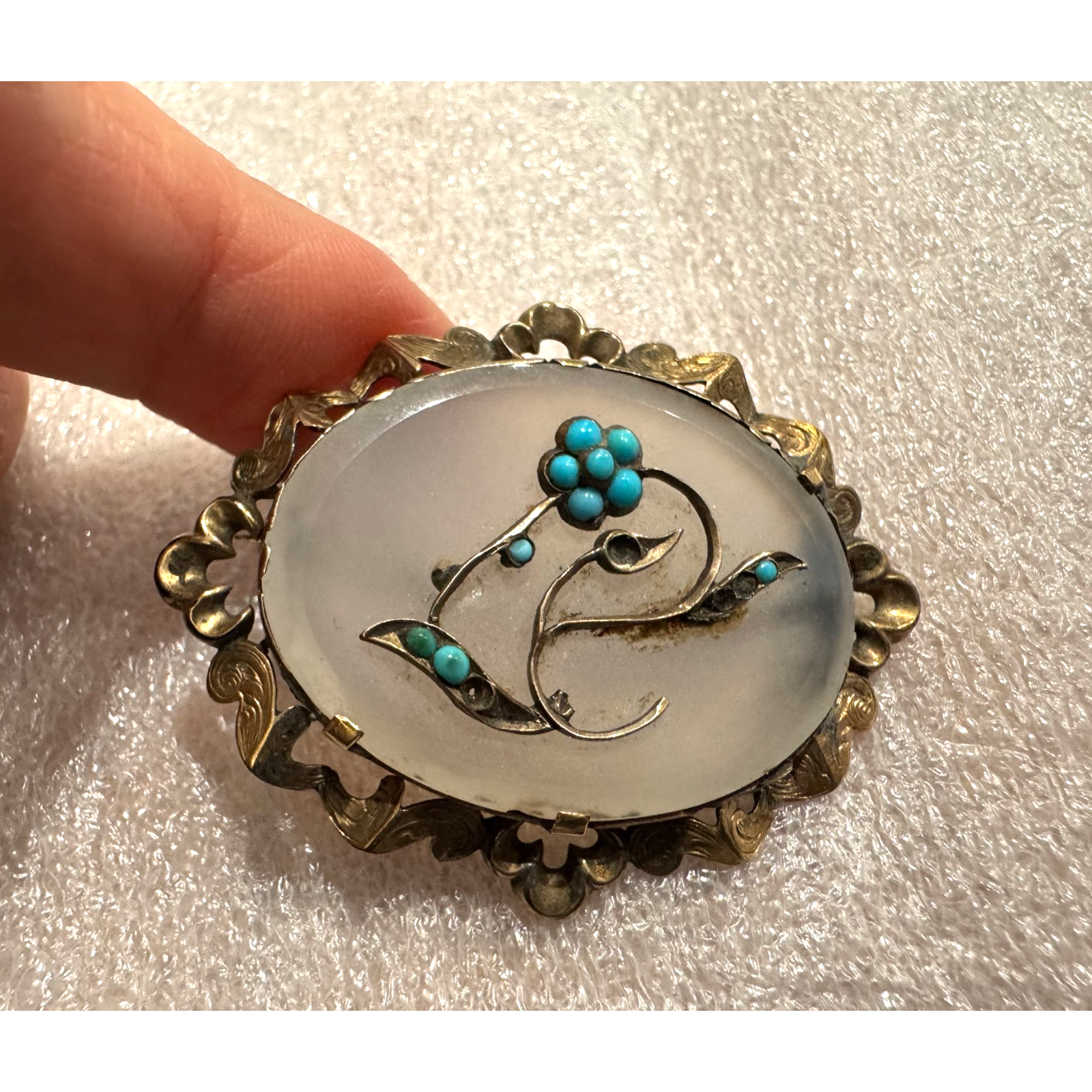 Antique Chalcedony Pinchbeck Brooch Pin W Turquoise Beads Floral Mourning Oval